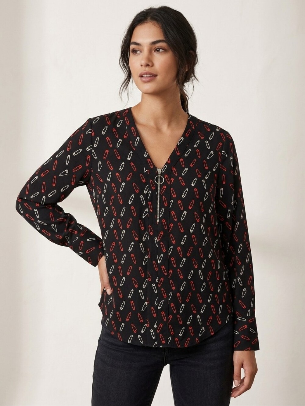 Rickis Black Blouse with Red & White Safety Pin Print and zip pull Size M - Picture 6 of 11